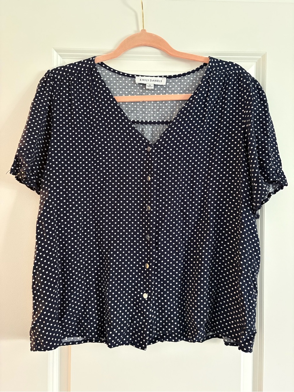 Emily Daniels Navy Polka Dot V-Neck Button Blouse